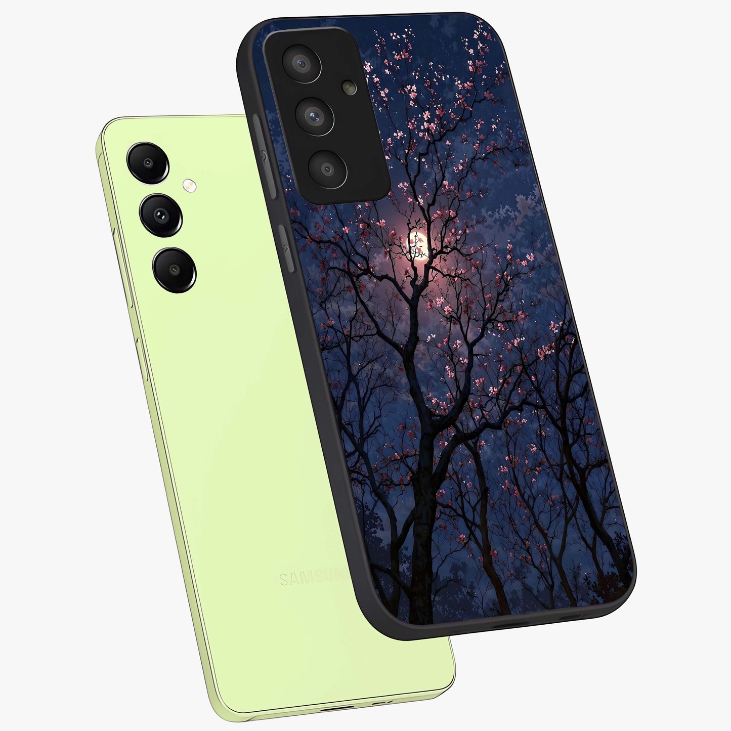 Twilight Sakura Serenade Glass Case displayed in angled mockup highlighting delicate sakura flower design with dreamy aesthetic.
