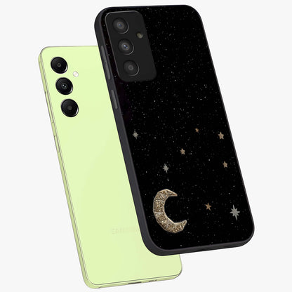 Twinkle Star With Half Moon Glass Case displayed in angled mockup highlighting celestial moon and star design with magical aesthetic.