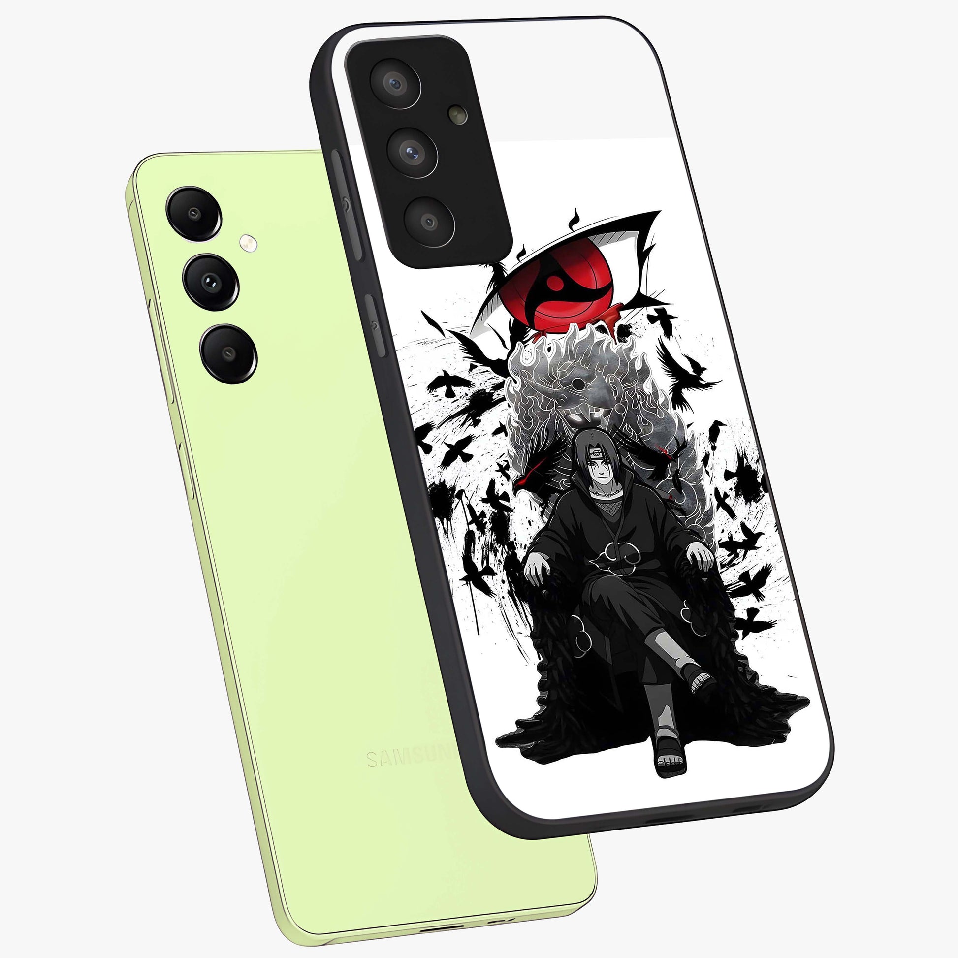 Uchiha Shadow Throne Glass Case displayed in angled mockup highlighting glowing aquatic design with celestial aesthetic.