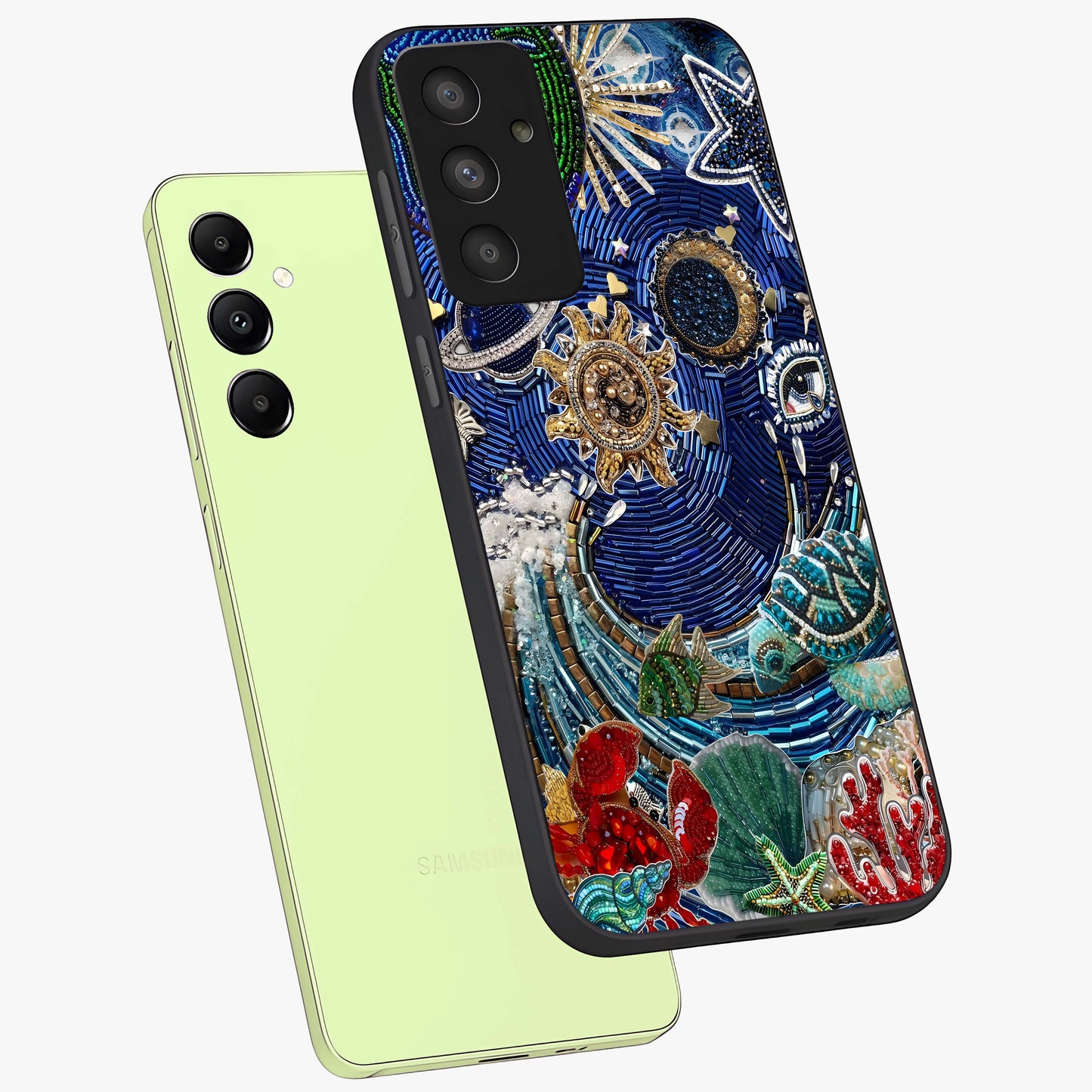 Universe Underwater Spark Glass Case displayed in angled mockup highlighting glowing aquatic design with celestial aesthetic.