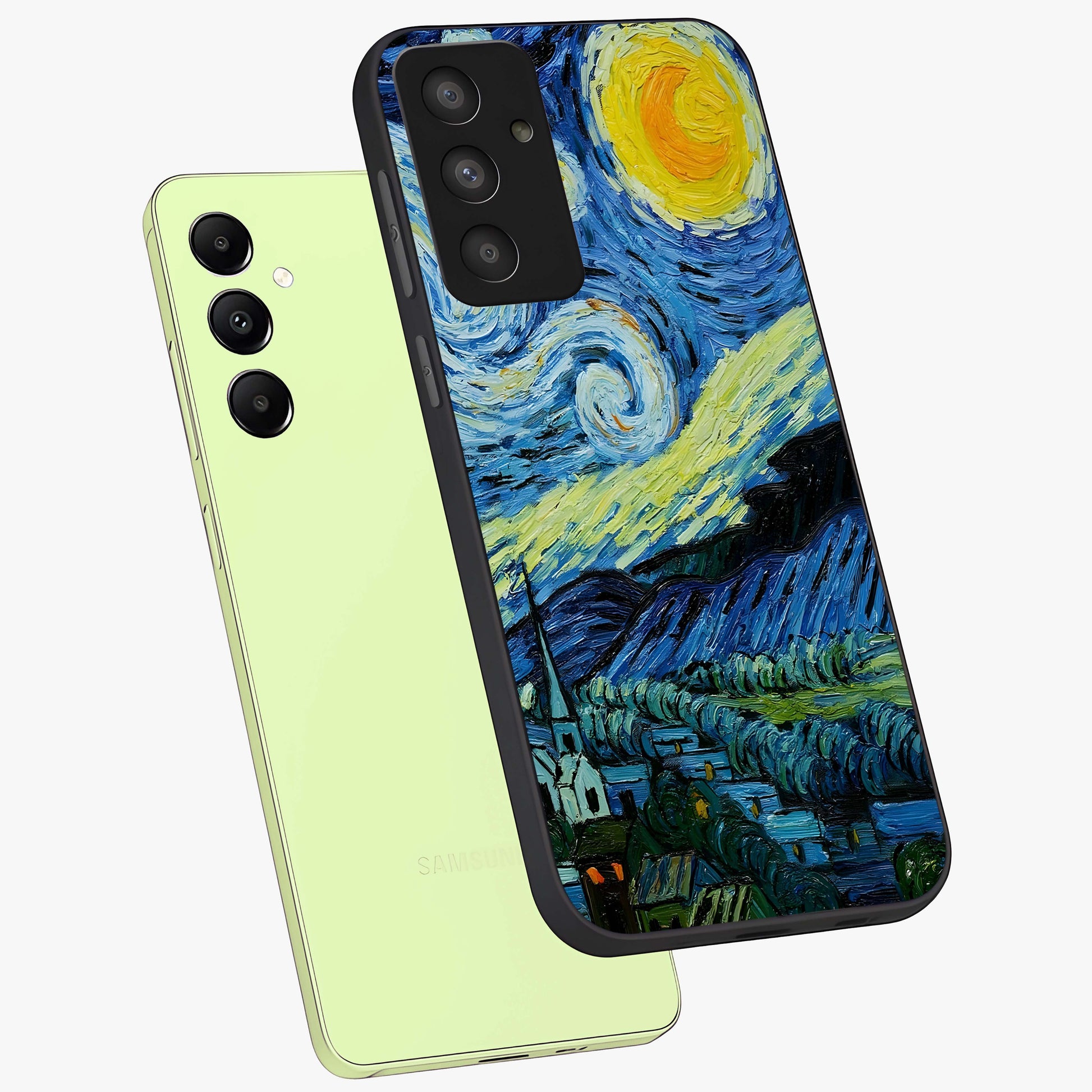 Van Gogh Art Glass Case displayed in angled mockup highlighting swirling brushstroke design with artistic aesthetic.