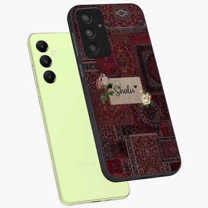 Velvet Wine Pattern Custom Name Glass Case displayed in angled mockup highlighting decorative velvet inspired design with custom name feature.