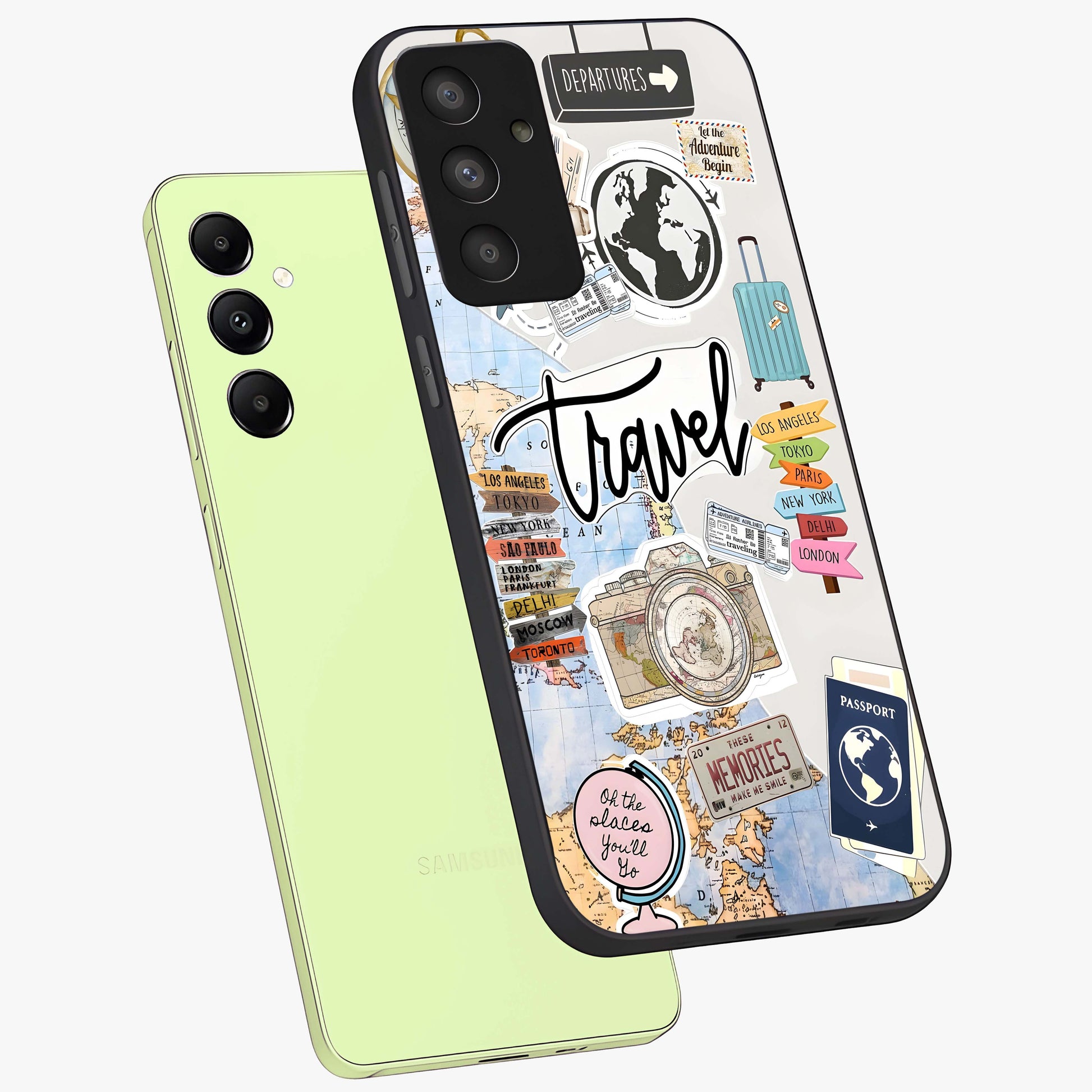 Wanderlust Journal Glass Case displayed in angled mockup highlighting adventure themed design with aesthetic travel vibe.