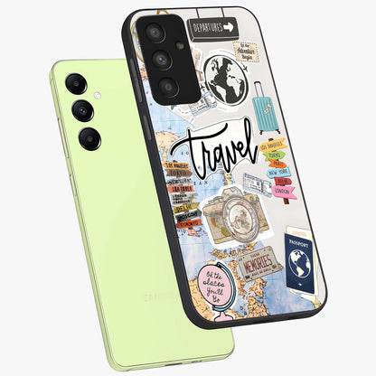 Wanderlust Journal Glass Case displayed in angled mockup highlighting adventure themed design with aesthetic travel vibe.