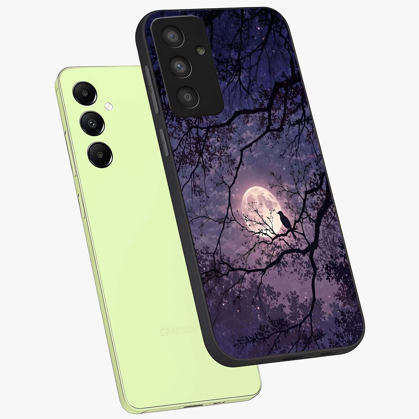 Whispering Moon Silence Glass Case displayed in angled mockup highlighting calm lunar design with dreamy night aesthetic.