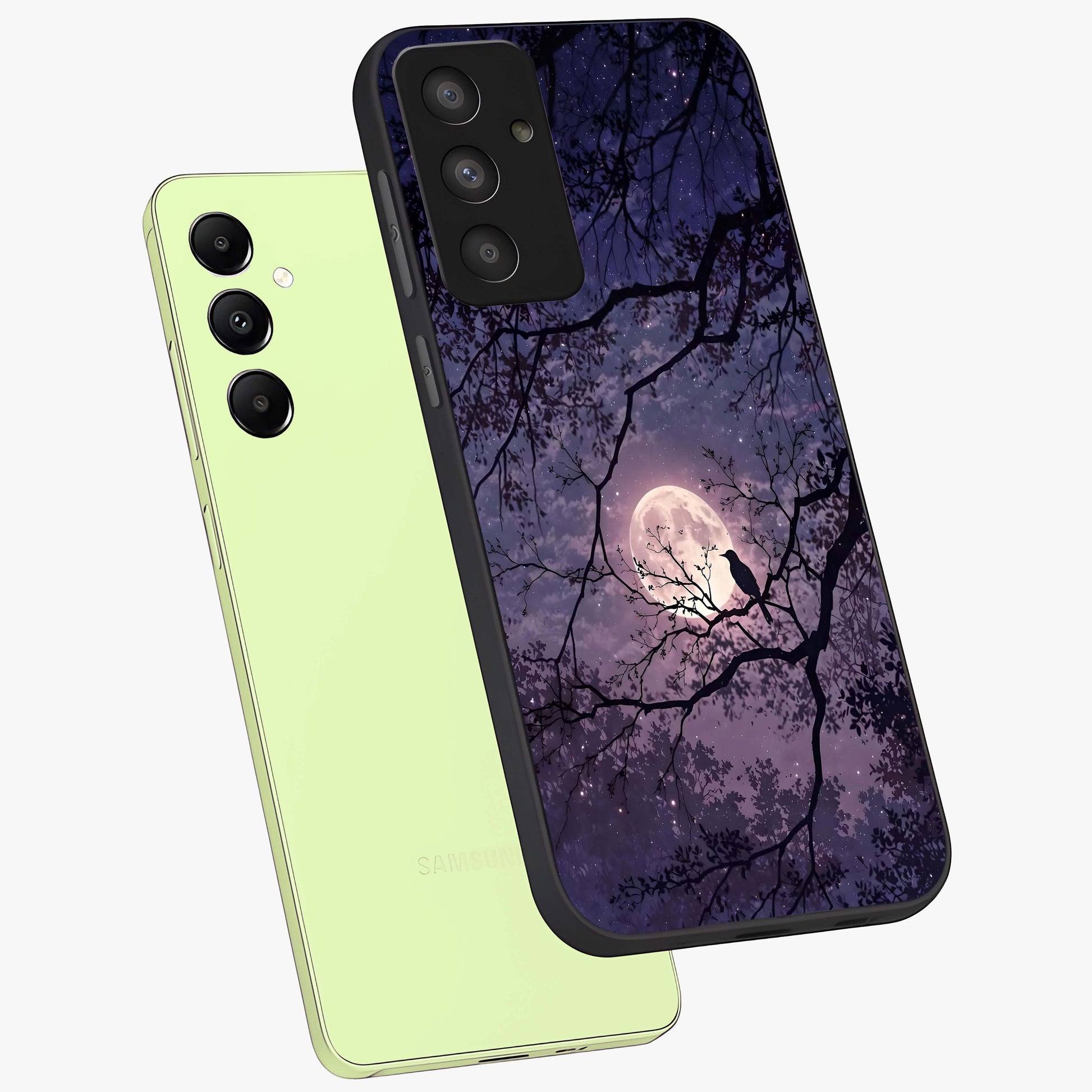 Whispering Moon Silence Glass Case displayed in angled mockup highlighting calm lunar design with dreamy night aesthetic.