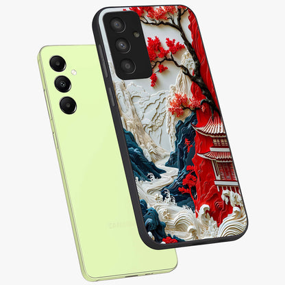 Whispers Of Sakura Waves Glass Case displayed in angled mockup highlighting flowing sakura design with soft floral aesthetic.