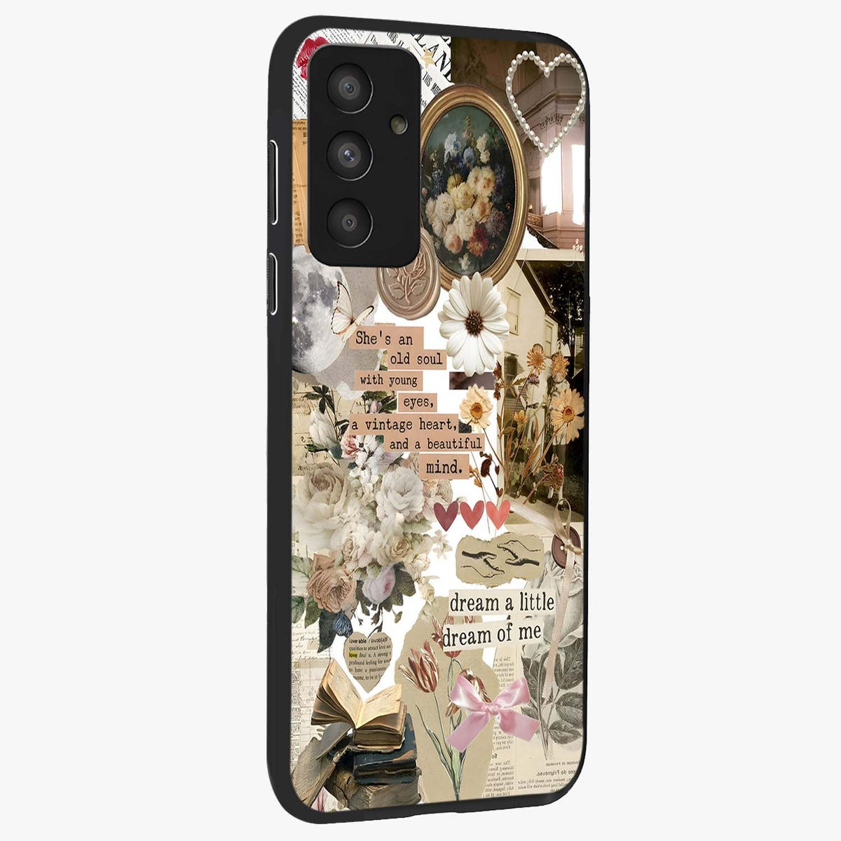 Aesthetic Brown Vintage Collage Glass Case upright view showcasing nostalgic retro artwork with stylish vintage theme.