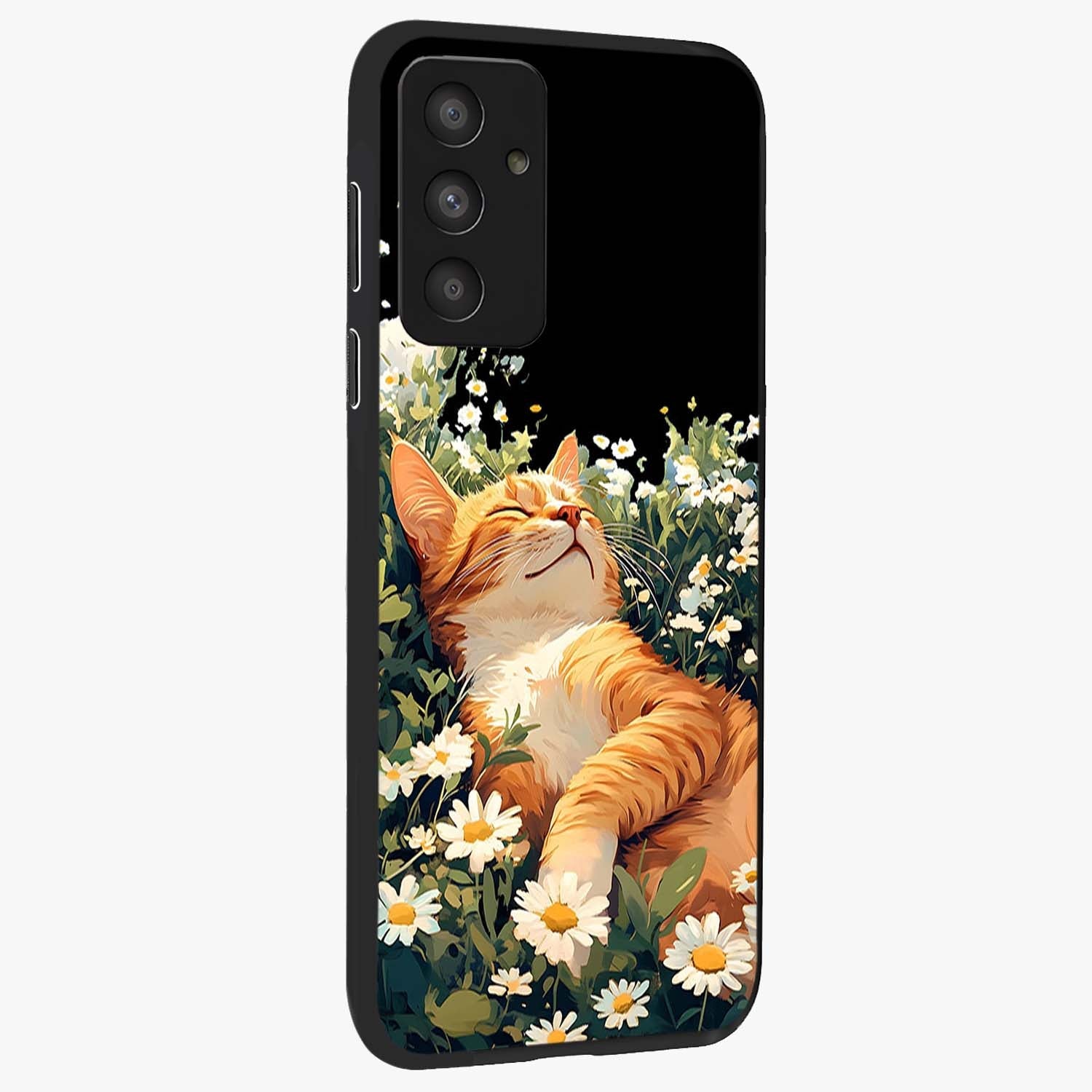 Blissful Bloom Cat Glass Case upright view showcasing charming cat design surrounded by blooming floral elements.