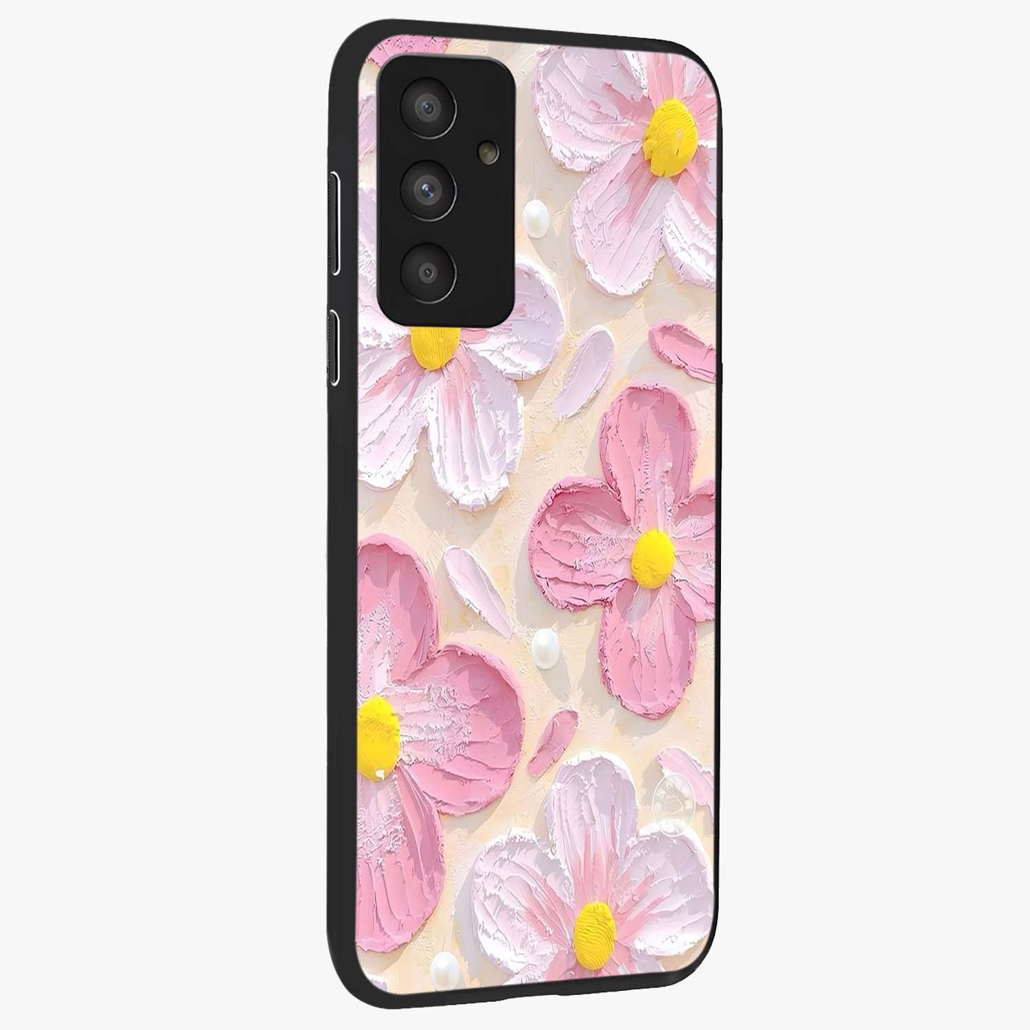 Blush Bloom Texture Glass Case upright view showcasing delicate blush floral texture with modern minimal style.