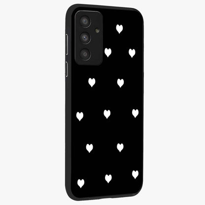 Cute And Simple White Hearts Glass Case upright view showcasing simple white hearts artwork with soft minimal theme.
