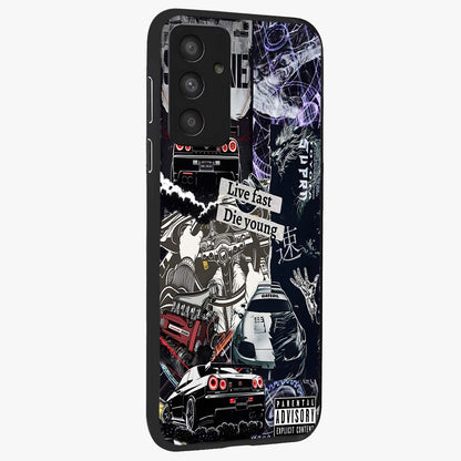 Die Young Glass Case upright view showcasing striking typography artwork with modern statement theme.