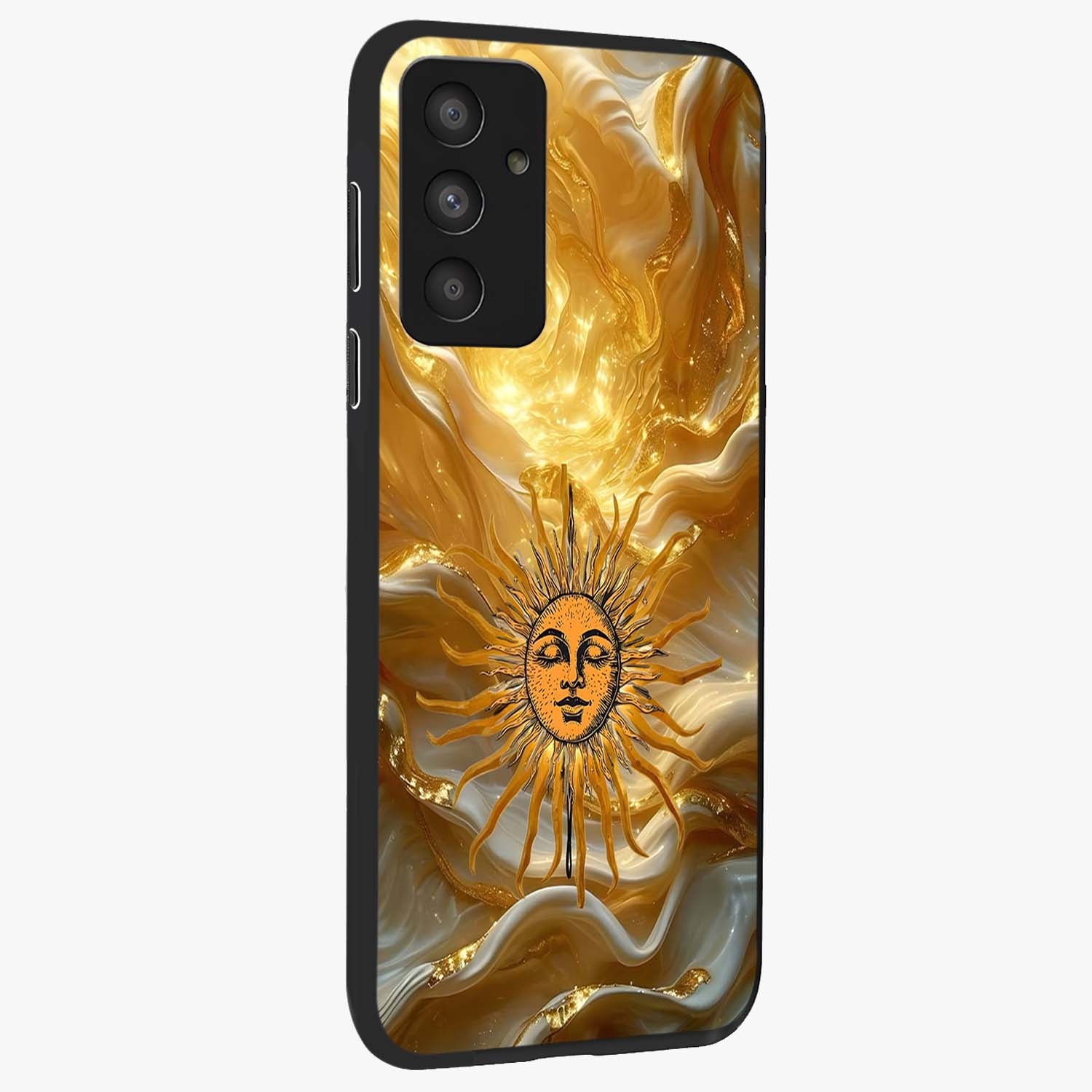 Eternal Golden Glow Glass Case upright view showcasing luminous golden artwork with luxurious visual theme.