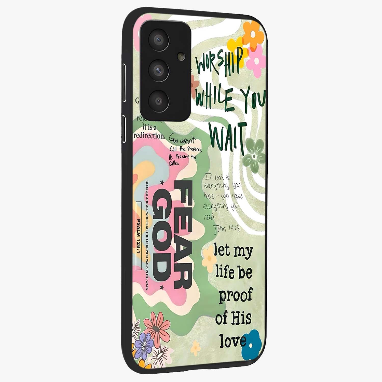 Faith Over Fear Glass Case upright view showcasing bold typography artwork with uplifting motivational theme.