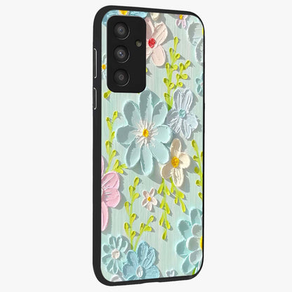 Frosted Petal Garden Glass Case upright view showcasing elegant floral garden artwork with soothing pastel theme.
