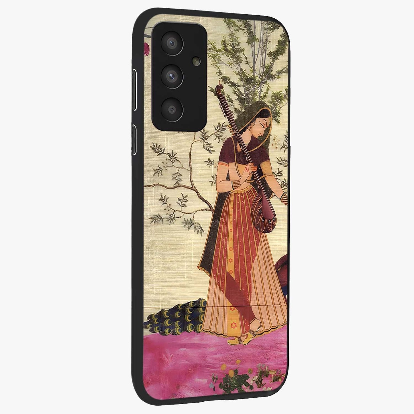 Lady With Veena Art Glass Case upright view showcasing classical veena artwork with traditional artistic theme.