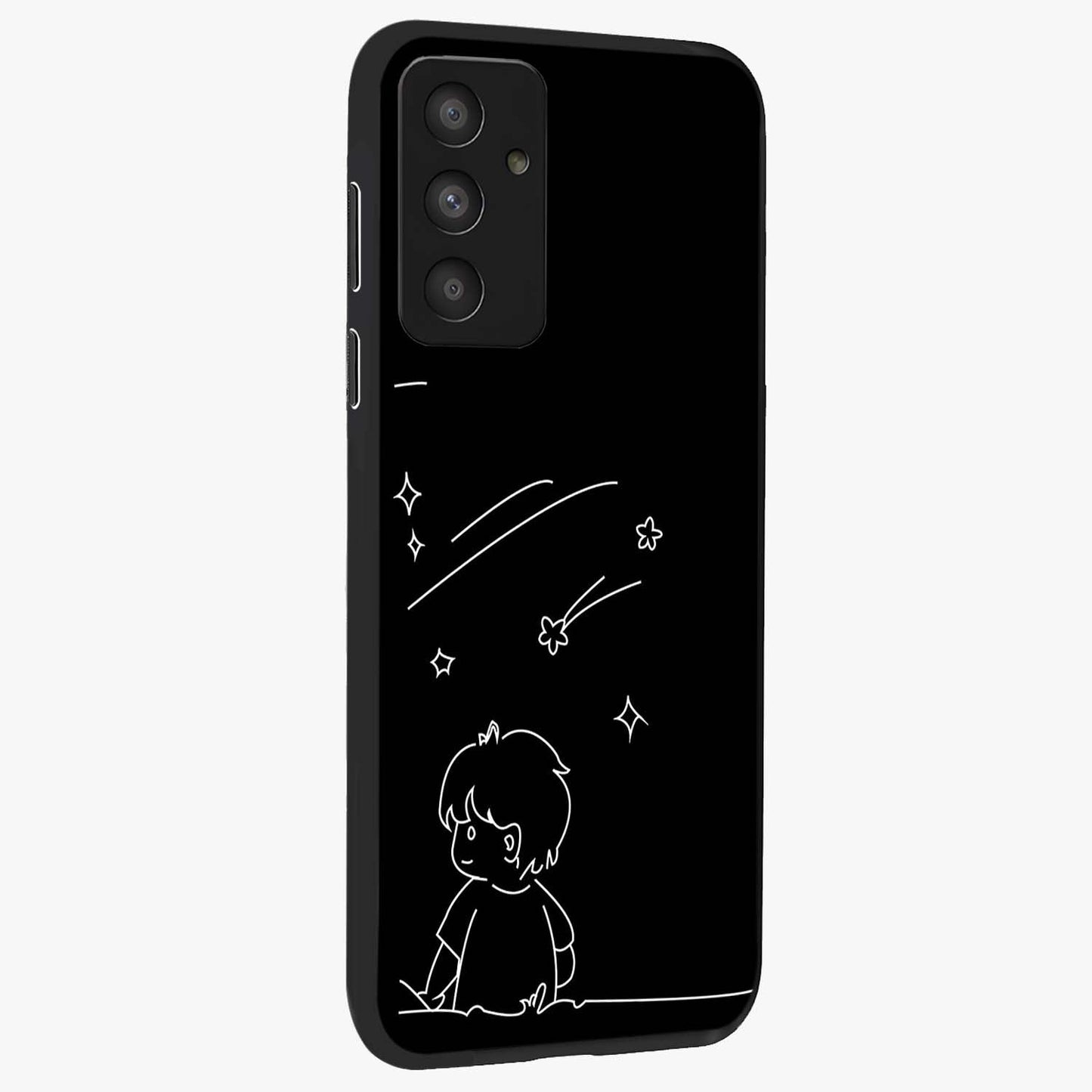 Line Art Boy With Shooting Stars Glass Case upright view showcasing artistic shooting star illustration with minimal style.