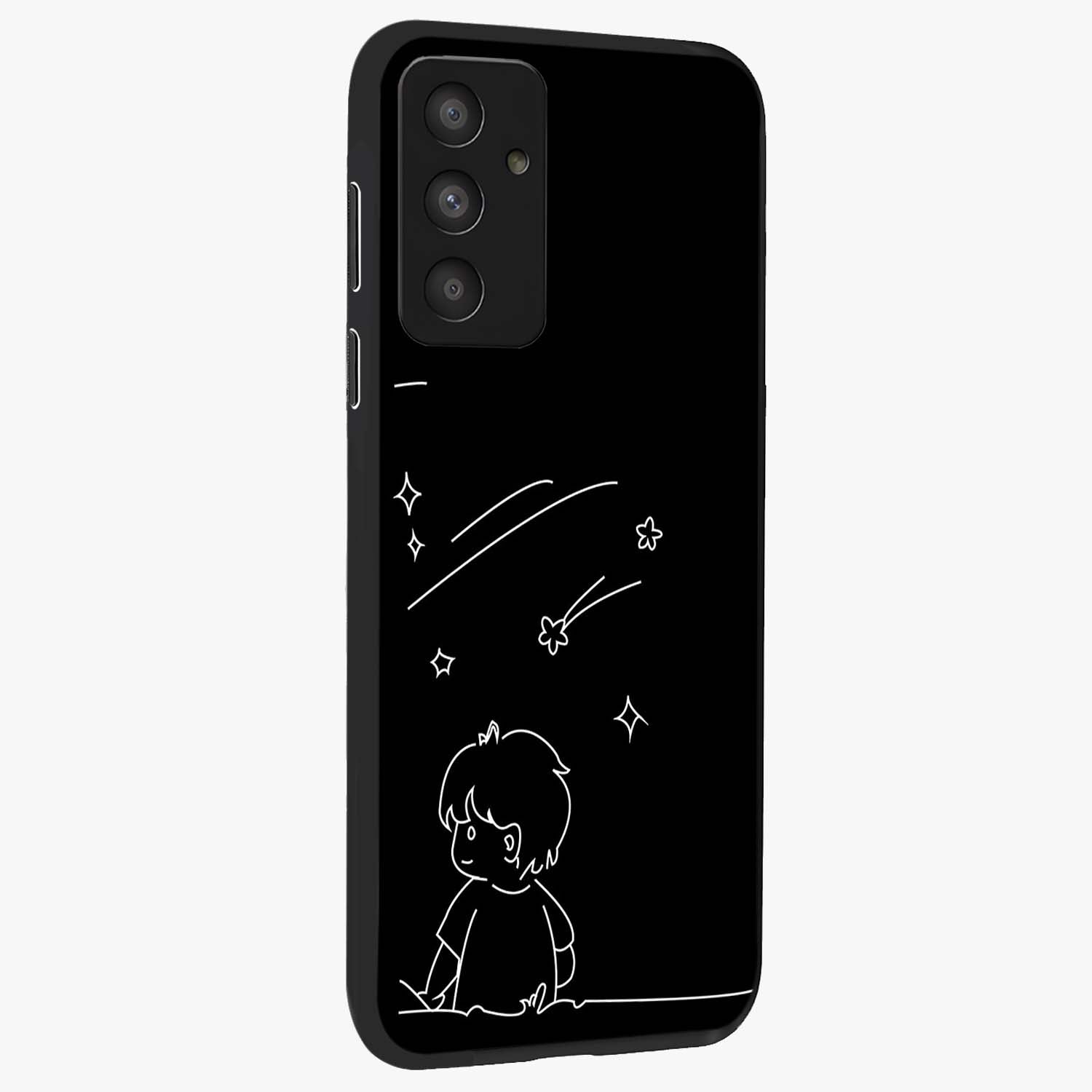 Line Art Boy With Shooting Stars Glass Case upright view showcasing artistic shooting star illustration with minimal style.