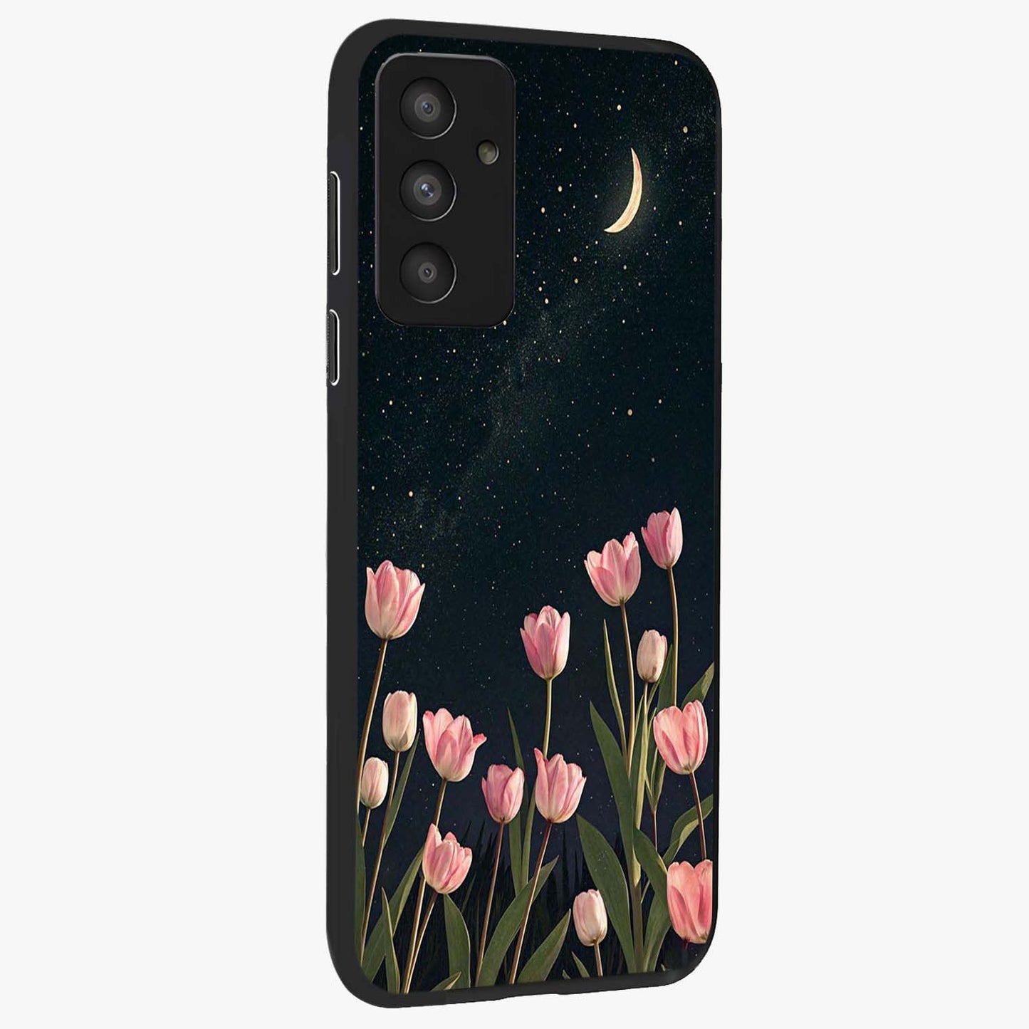 Midnight Tulip Whispers Vibe Glass Case upright view showcasing graceful tulip artwork with calm botanical theme.