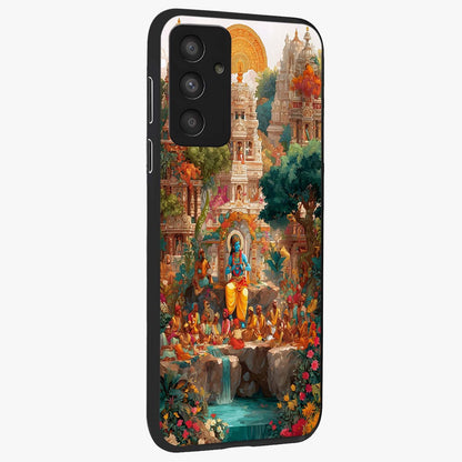 Sacred Sunlight Gods Glass Case upright view showcasing glowing divine artwork with sacred mythological theme.