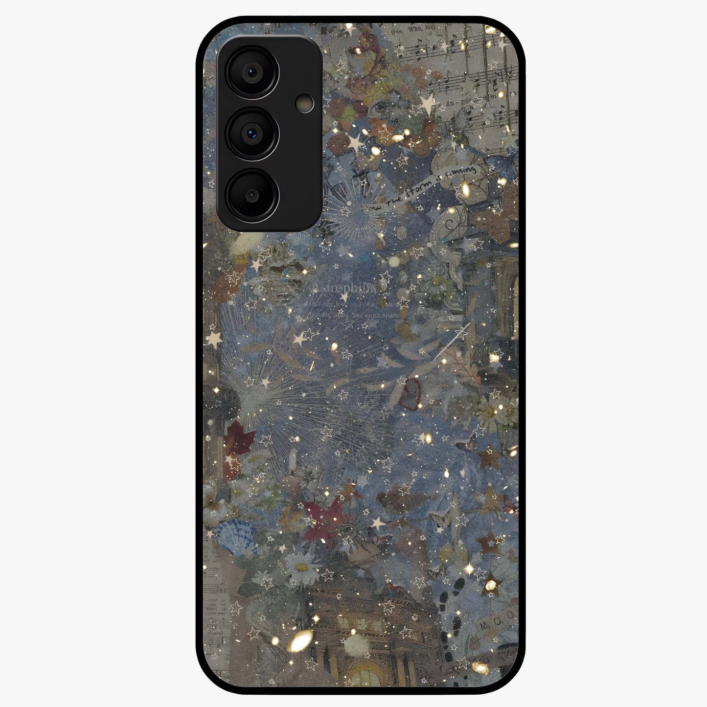 Aesthetic Astrolophia Glass Case showing flat back view with dreamy aesthetic design and glossy glass finish.
