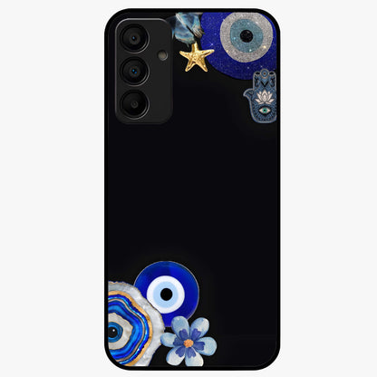 Aesthetic Blue Evil Eye Glass Case showing flat back view with protective evil eye artwork and glossy glass finish.