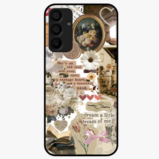 Aesthetic Brown Vintage Collage Glass Case showing flat back view with retro collage artwork and glossy glass finish.