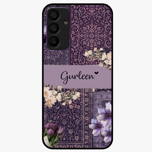 Antique Floral Whisper Custom Name Glass Case showing flat back view with vintage floral artwork and personalized name design.