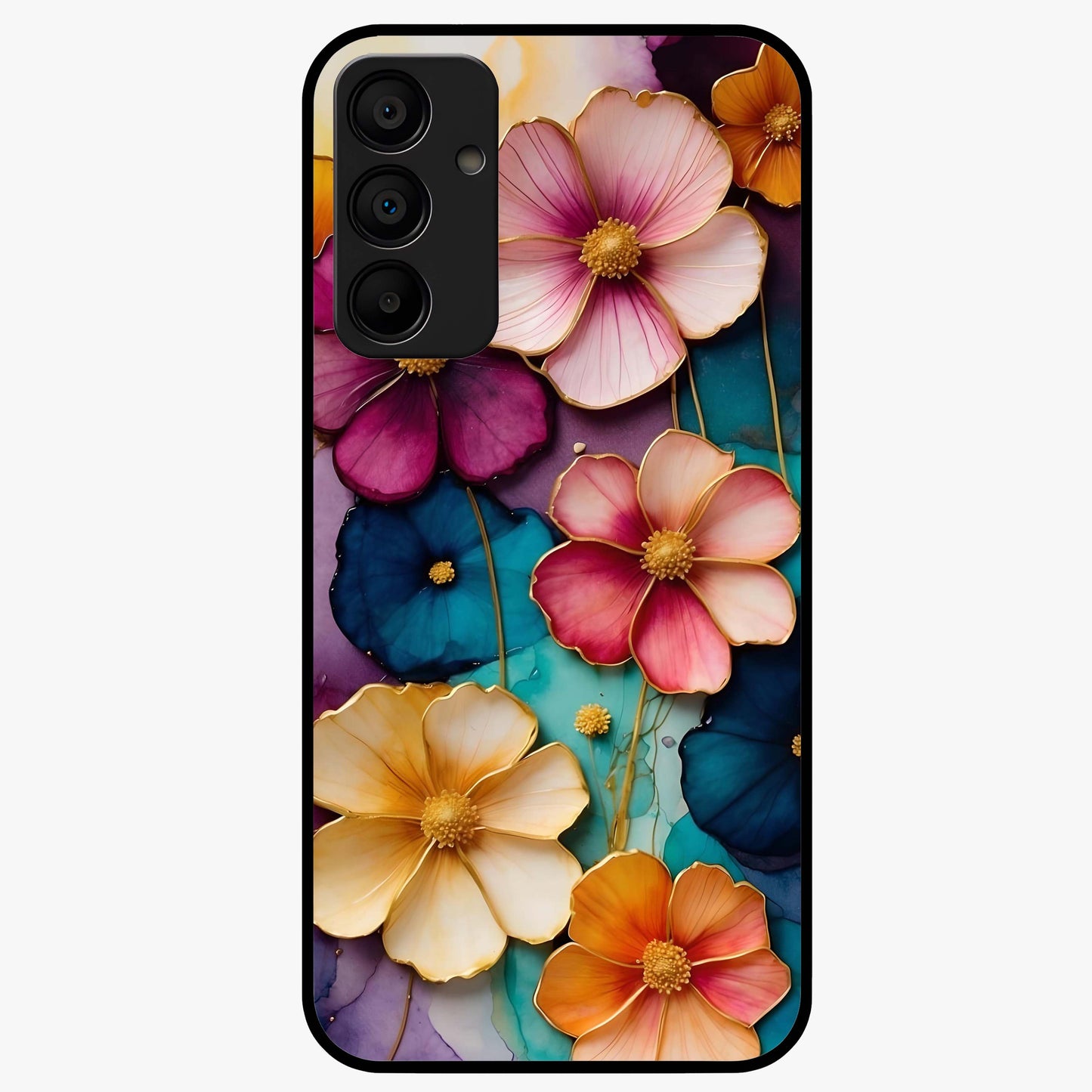 Artlyn Grace Flower Pattern Glass Case showing flat back view with elegant floral pattern artwork and glossy glass finish.