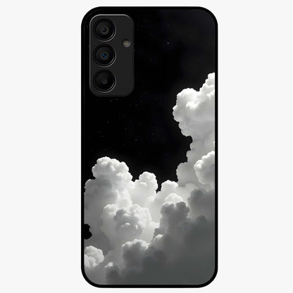 Black Background With White Cloud Glass Case showing flat back view with minimal cloud artwork on dark background and glossy glass finish.