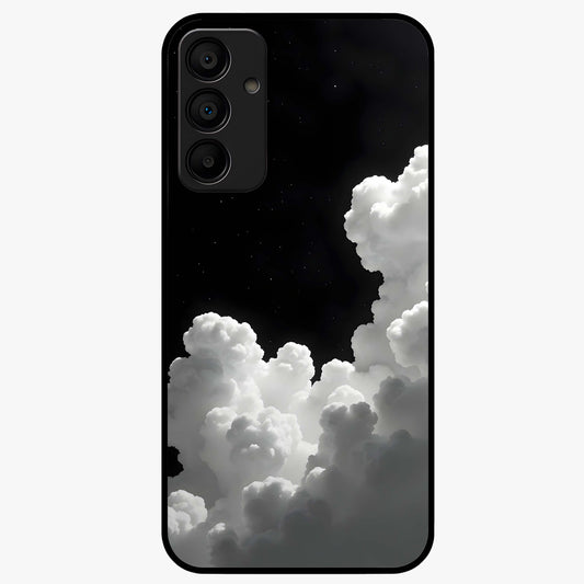 Black Background With White Cloud Glass Case showing flat back view with minimal cloud artwork on dark background and glossy glass finish.