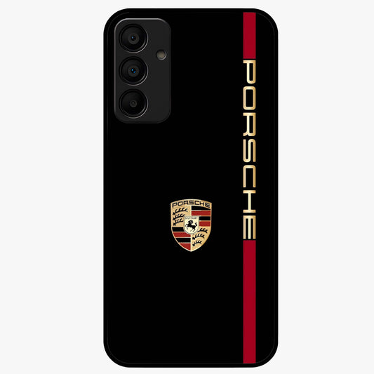 Black Minimal Porsche Glass Case showing flat back view with sleek minimal sports car artwork and glossy glass finish.