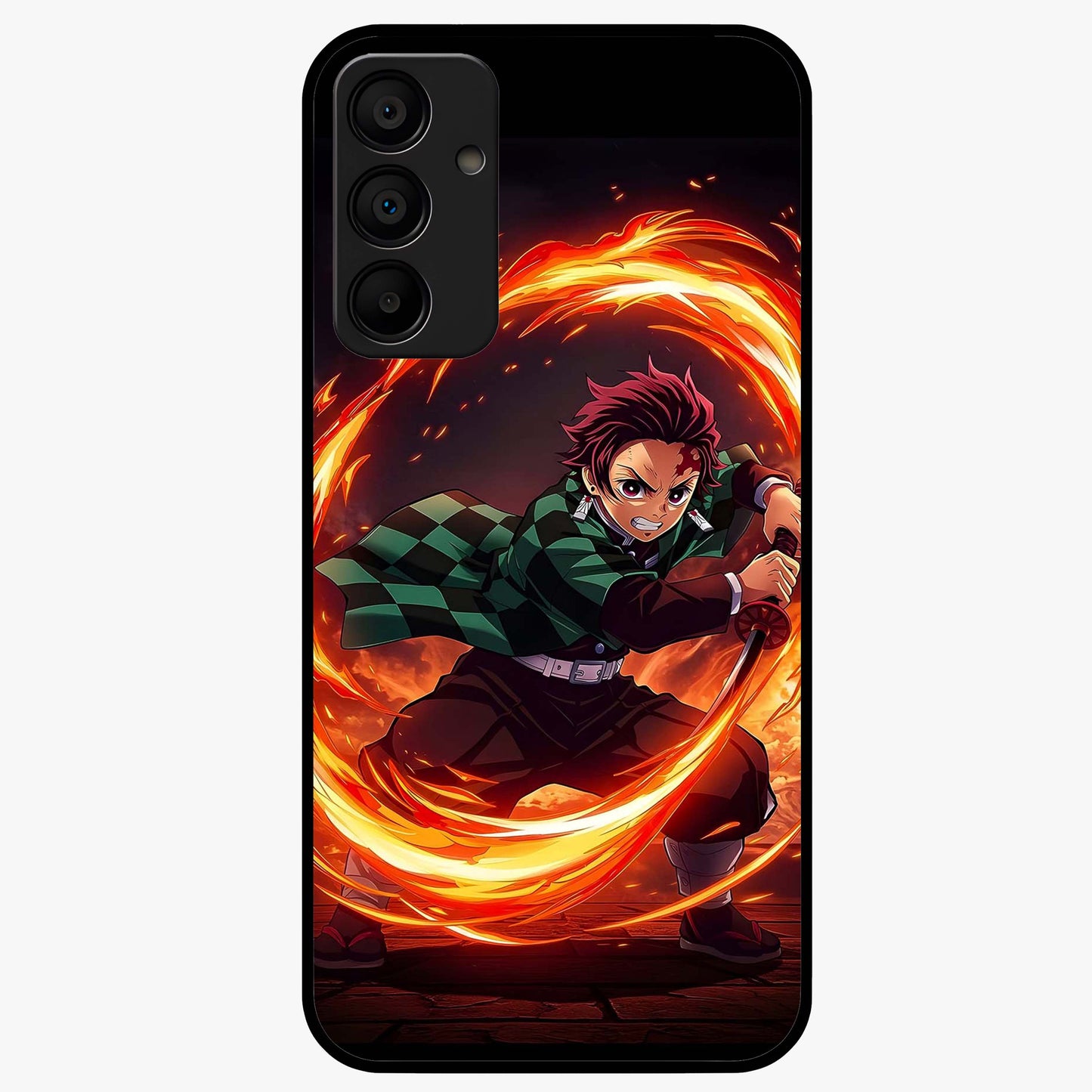 Blazing Sword Resolve Glass Case showing flat back view with fiery sword artwork and glossy glass finish.
