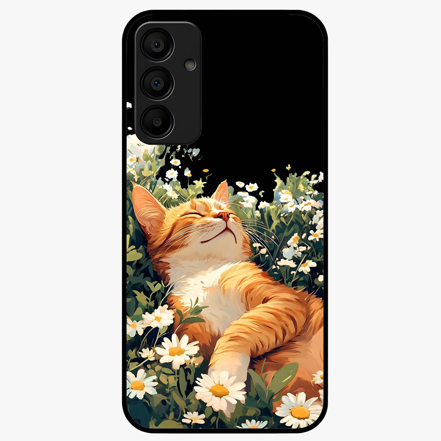 Blissful Bloom Cat Glass Case showing flat back view with cute cat and floral bloom artwork and glossy glass finish.