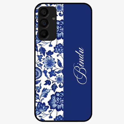 Blue Vintage Floral Pattern Glass Case upright view showcasing timeless floral illustration with vintage inspired style.