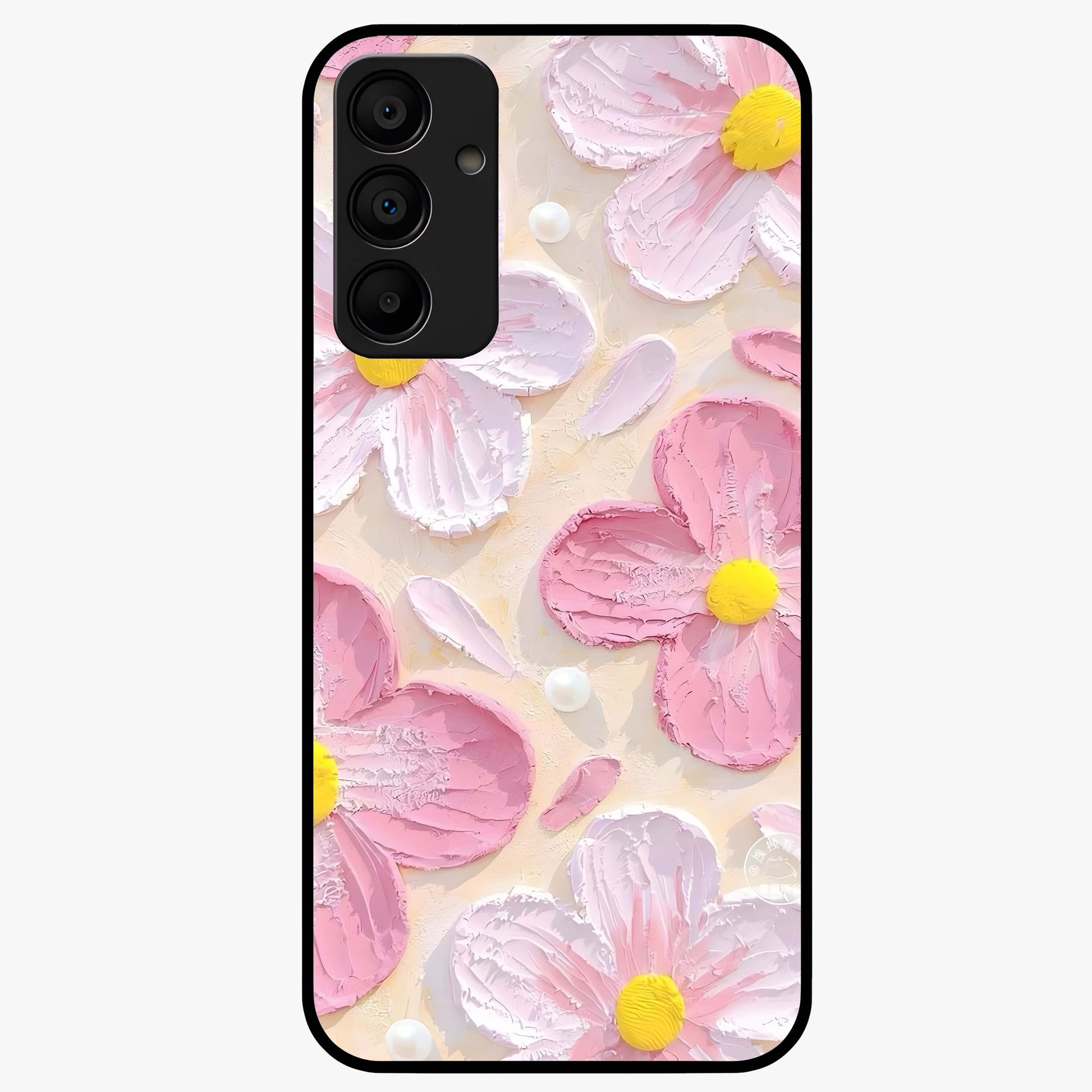 Blush Bloom Texture Glass Case showing flat back view with soft blush floral texture artwork and glossy glass finish.