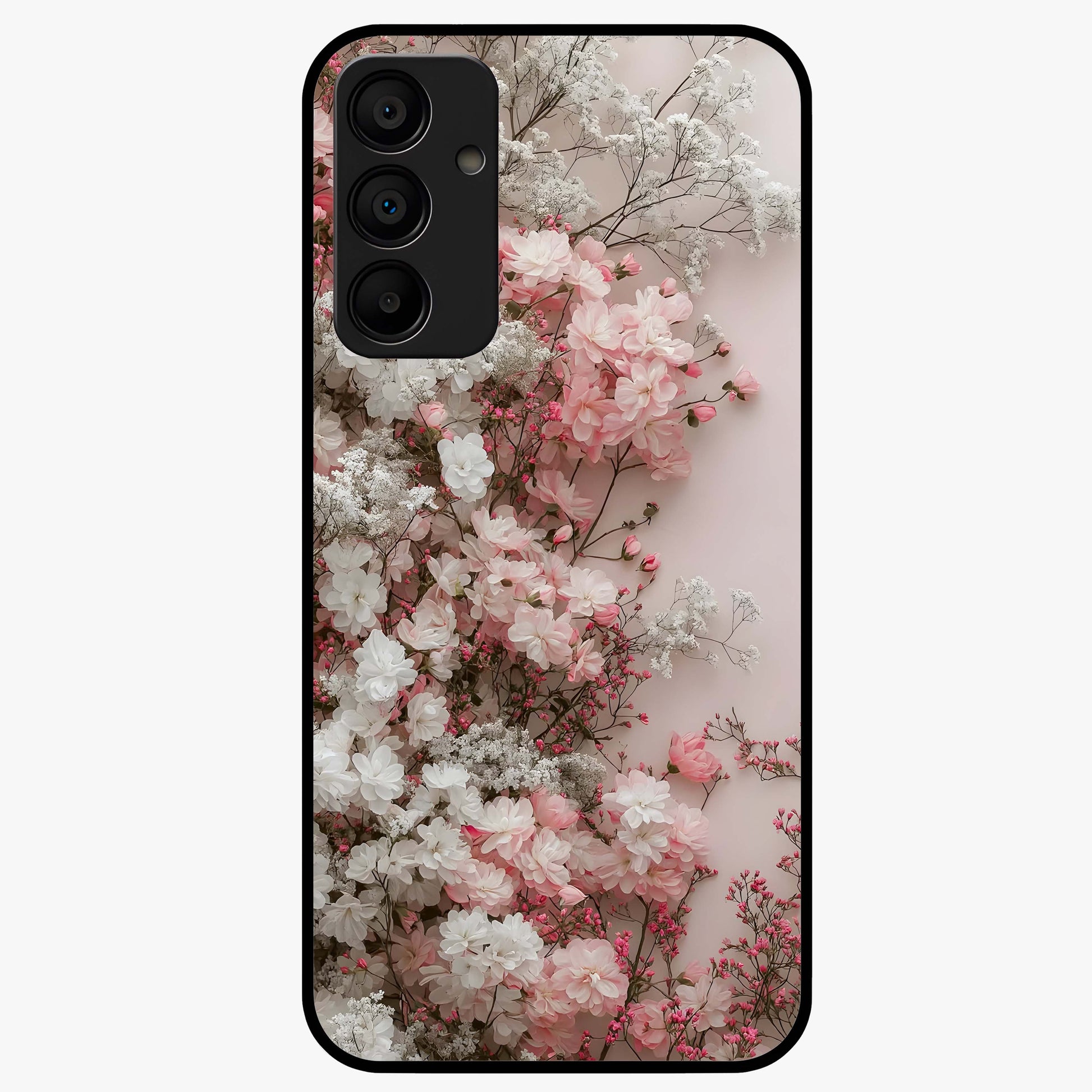 Blush Blossom Cloud Glass Case showing flat back view with dreamy blush cloud blossom artwork and glossy glass finish.