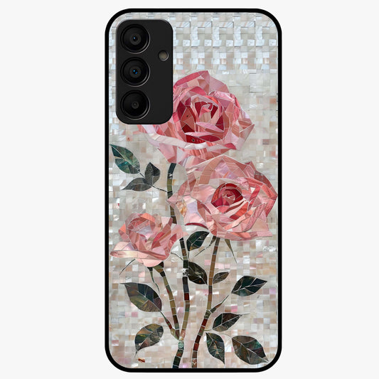 Blush Mosaic Bloom Glass Case showing flat back view with mosaic floral bloom artwork and glossy glass finish.