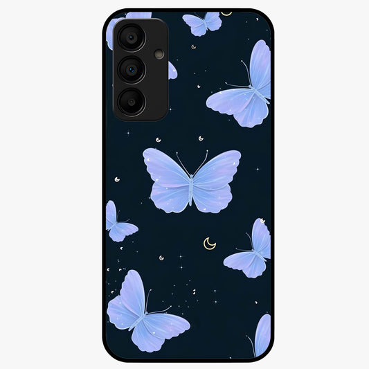 Butterfly With Stars Pattern Glass Case showing flat back view with butterfly and star pattern artwork and glossy glass finish.