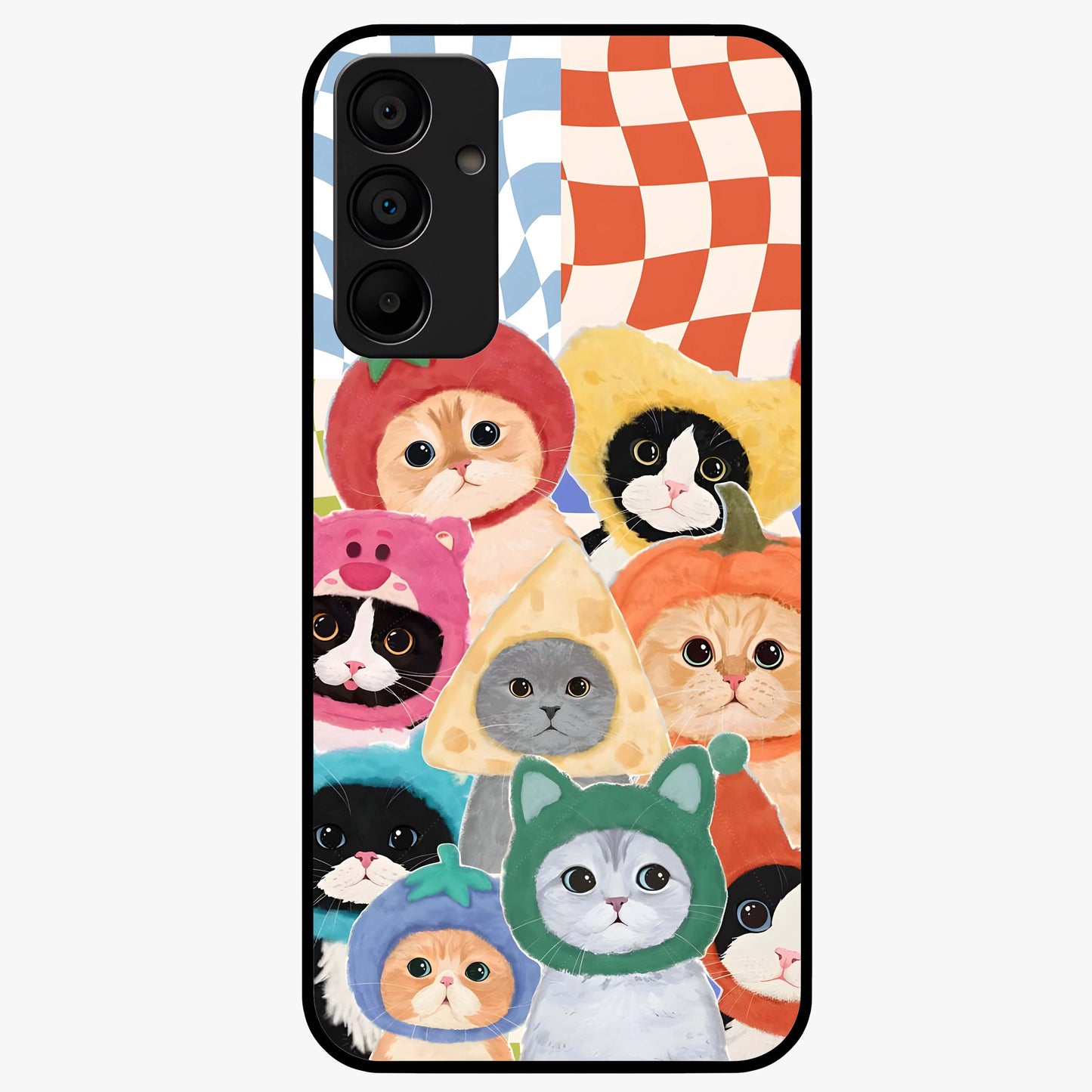 Cats in Fruits Glass Case showing flat back view with playful cat illustrations inside fruit artwork and glossy glass finish.