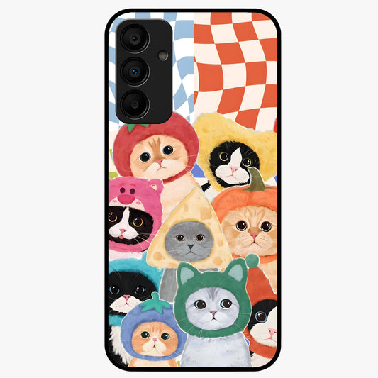 Cats in Fruits Glass Case showing flat back view with playful cat illustrations inside fruit artwork and glossy glass finish.
