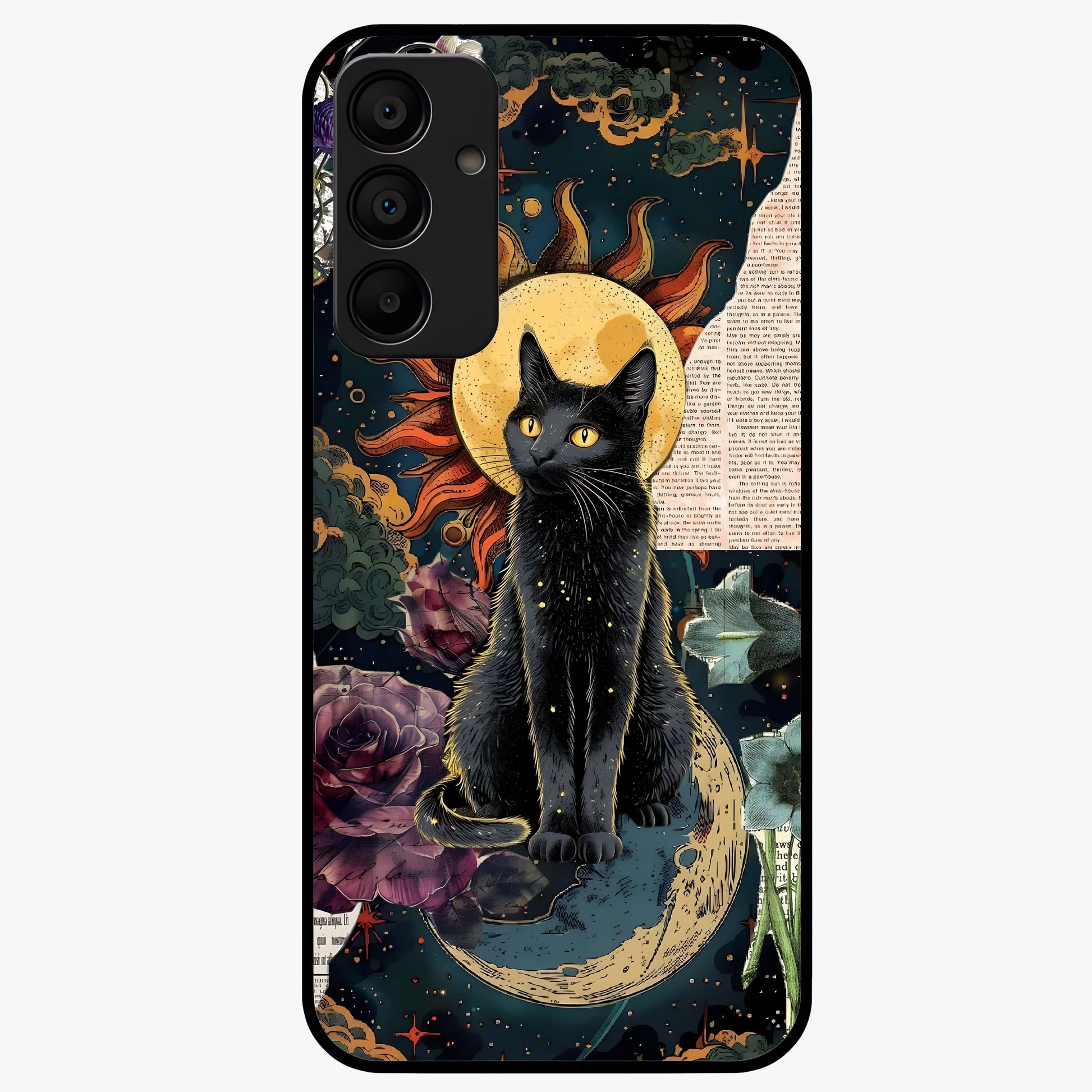 Celestial Black Cat Glass Case showing flat back view with mystical black cat artwork and glossy glass finish.