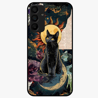 Celestial Black Cat Glass Case showing flat back view with mystical black cat artwork and glossy glass finish.