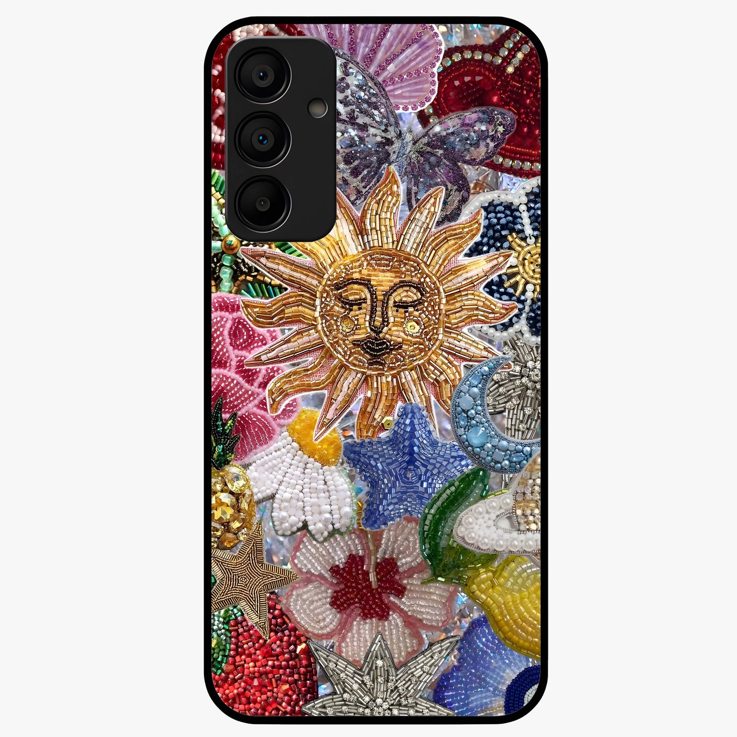 Celestial Floral and Playful Glass Case showing flat back view with floral and celestial themed artwork and glossy glass finish.