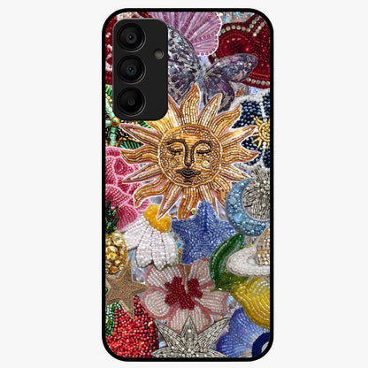 Celestial Floral and Playful Glass Case showing flat back view with floral and celestial themed artwork and glossy glass finish.