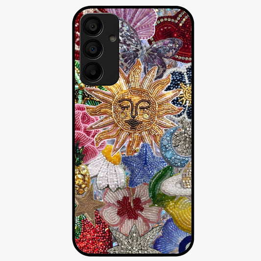 Celestial Floral and Playful Glass Case showing flat back view with floral and celestial themed artwork and glossy glass finish.