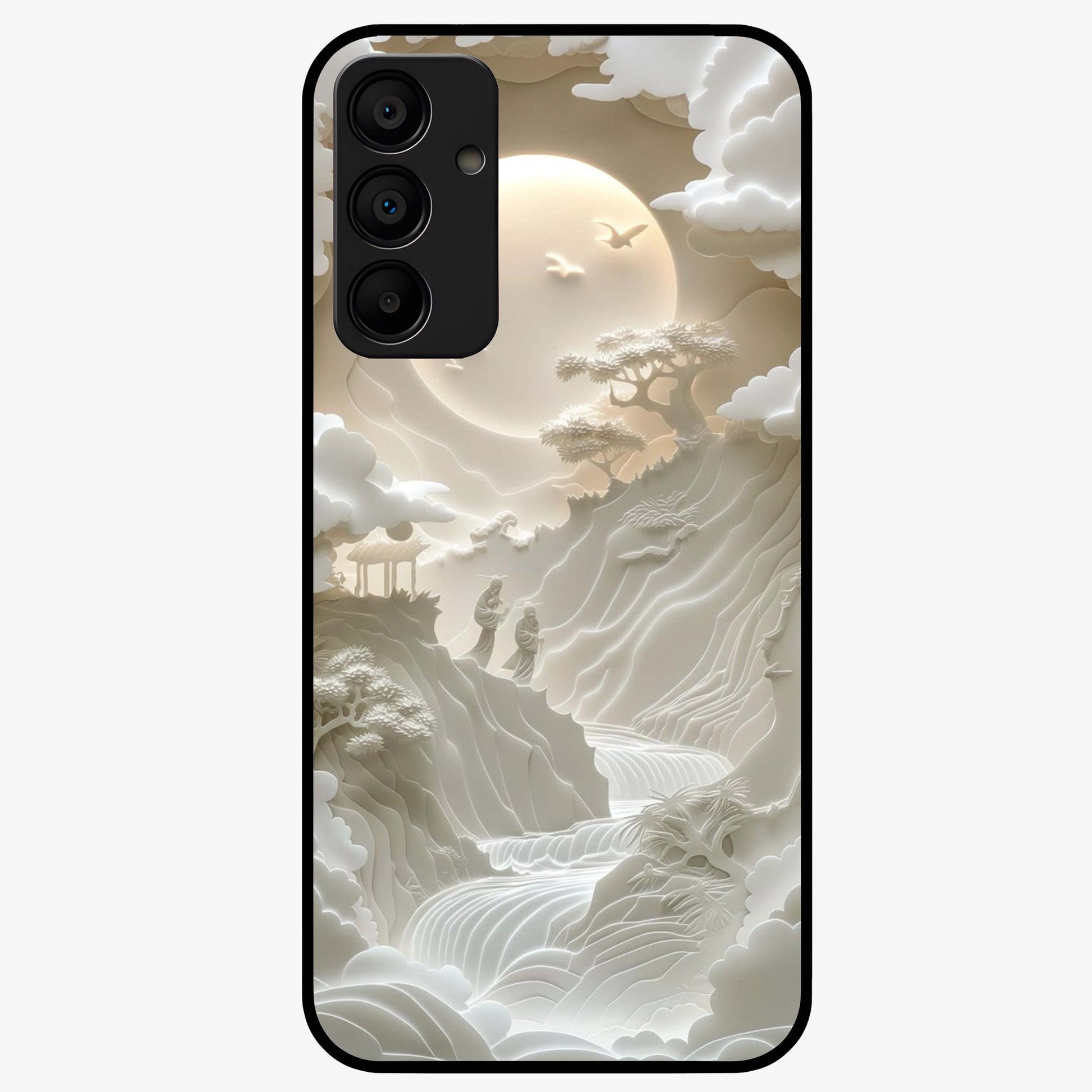 Celestial Origami Glass Case showing flat back view with artistic origami inspired celestial artwork and glossy glass finish.