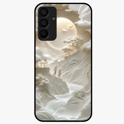 Celestial Origami Glass Case showing flat back view with artistic origami inspired celestial artwork and glossy glass finish.