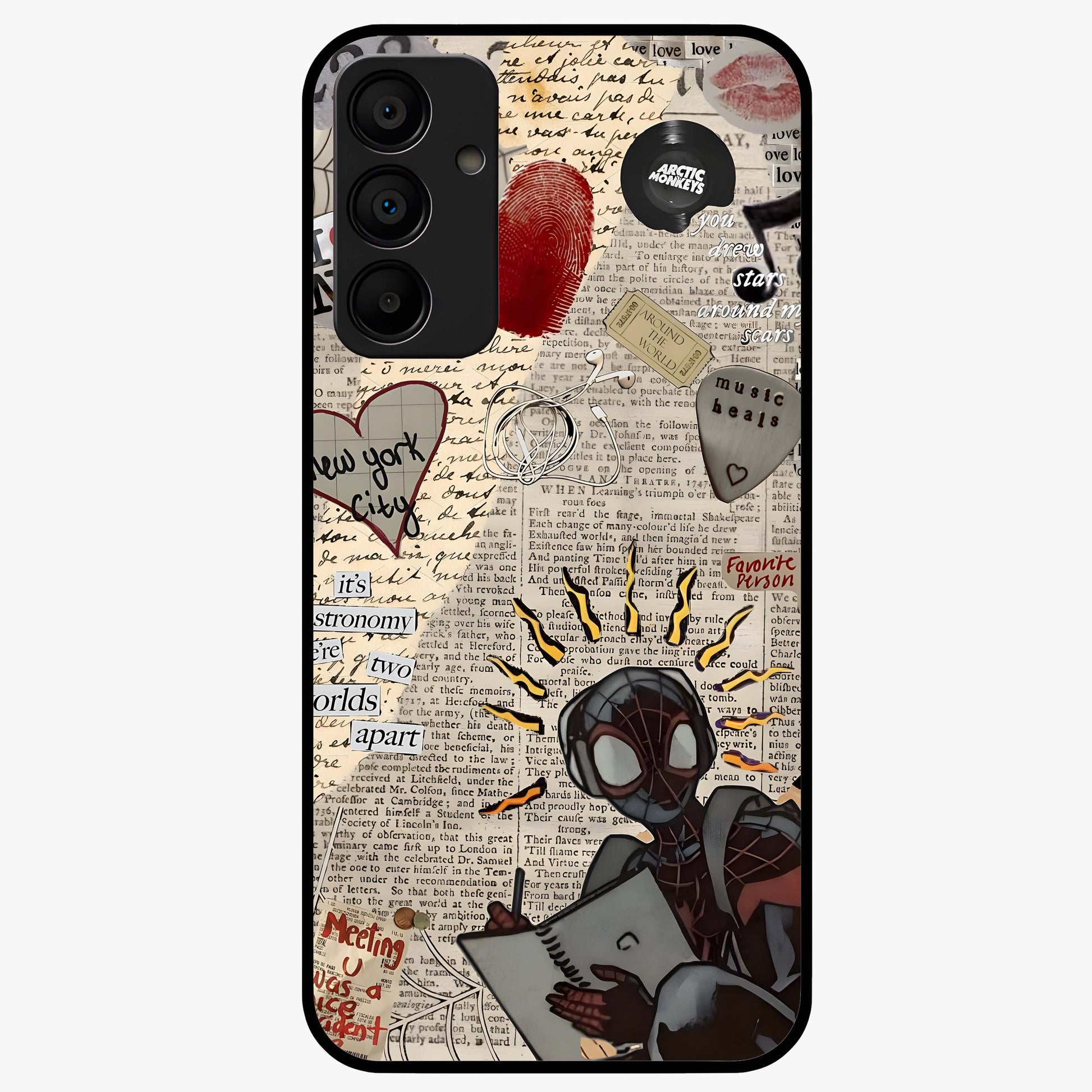 City Dream Sketch Glass Case showing flat back view with artistic city skyline sketch artwork and glossy glass finish.