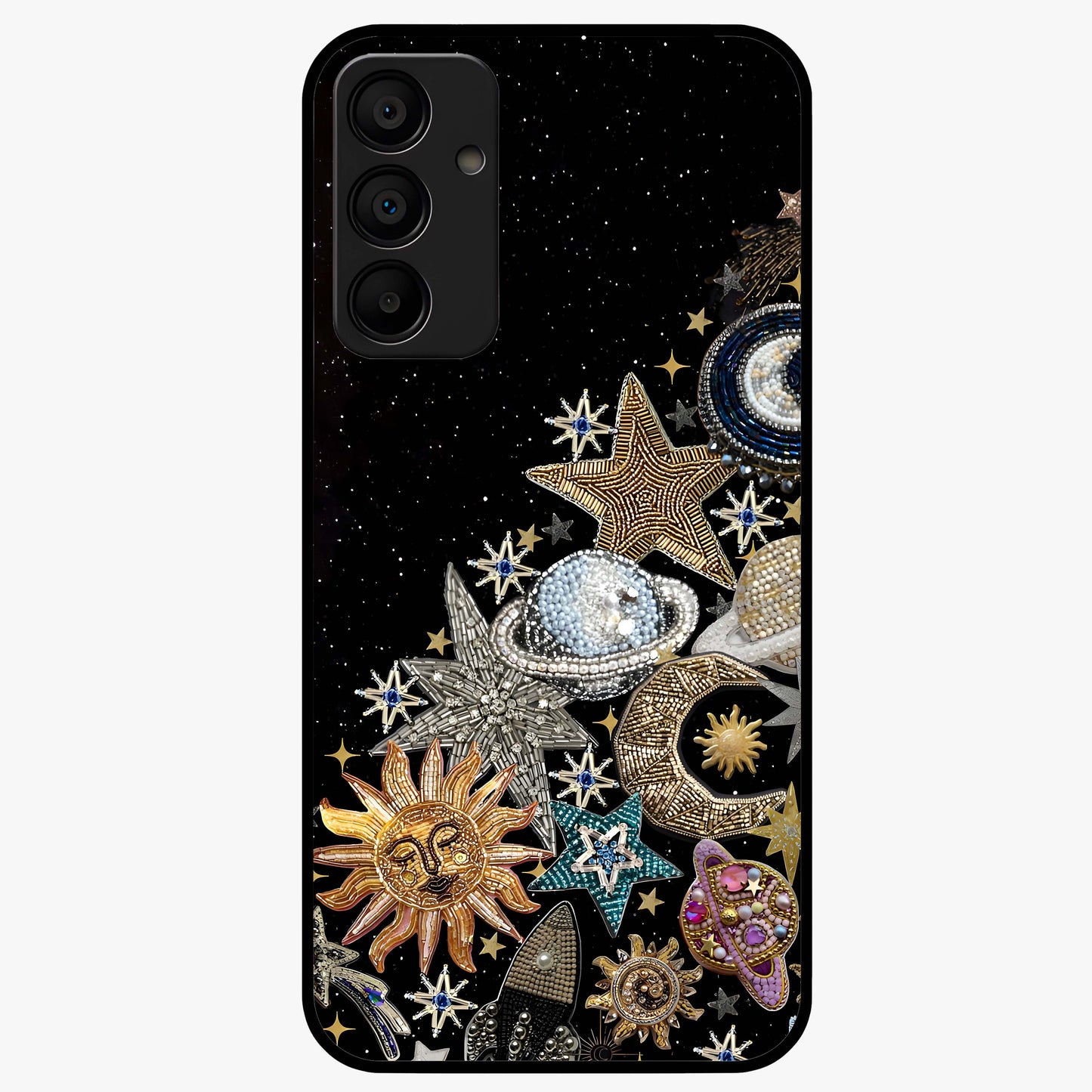 Cosmic Sparkle Dreams Glass Case showing flat back view with sparkling cosmic artwork and glossy glass finish.